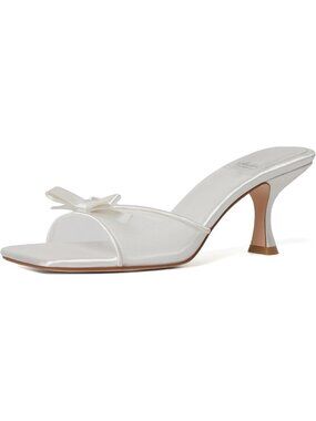 Women's Round Toe Heels With Bow Mules White3 Slip on Stiletto Backless Sandals